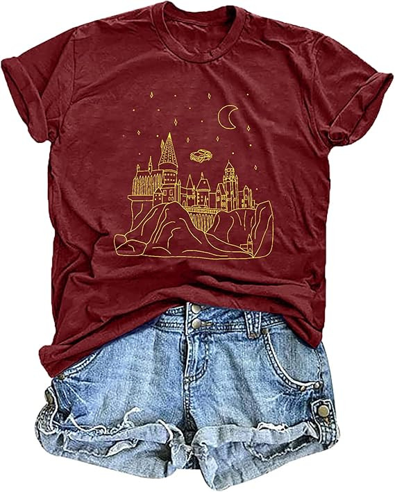 Magic Castle Shirt Women Flying Car Shirt Wizard Shirt Casual Vacation Short Sleeve Tee Tops | Amazon (US)