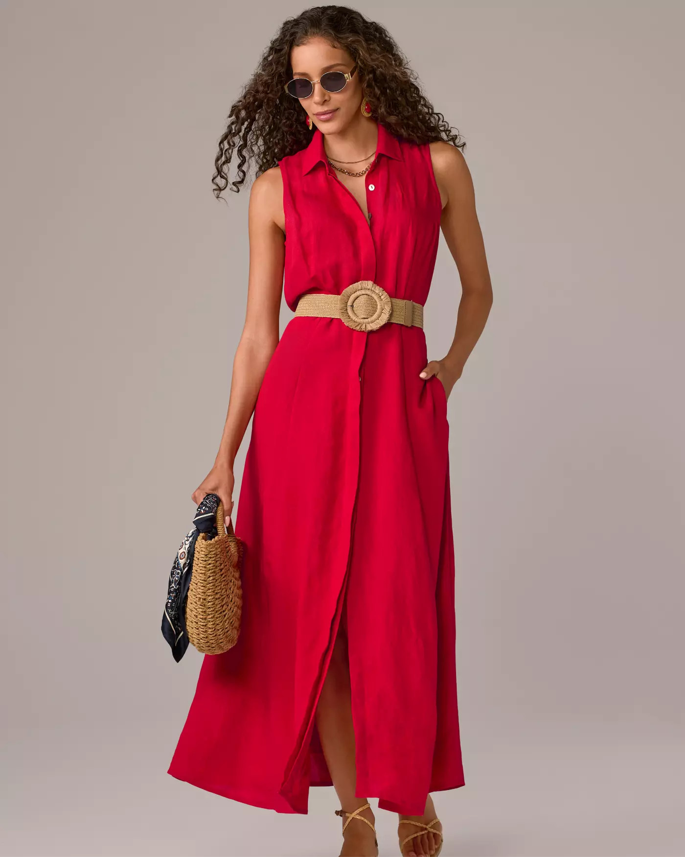 Sleeveless Linen Maxi Shirt Dress - Tomato Red | Boston Proper | Boston Proper