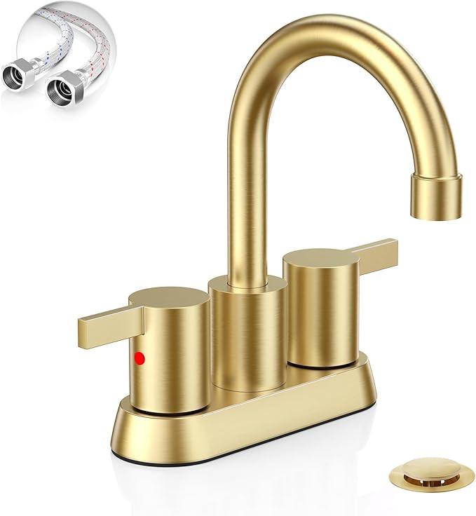 Brushed Gold 4 Inch 2 Handle Centerset Lead-Free Bathroom Faucet, Swivel Spout with Copper Pop Up... | Amazon (US)