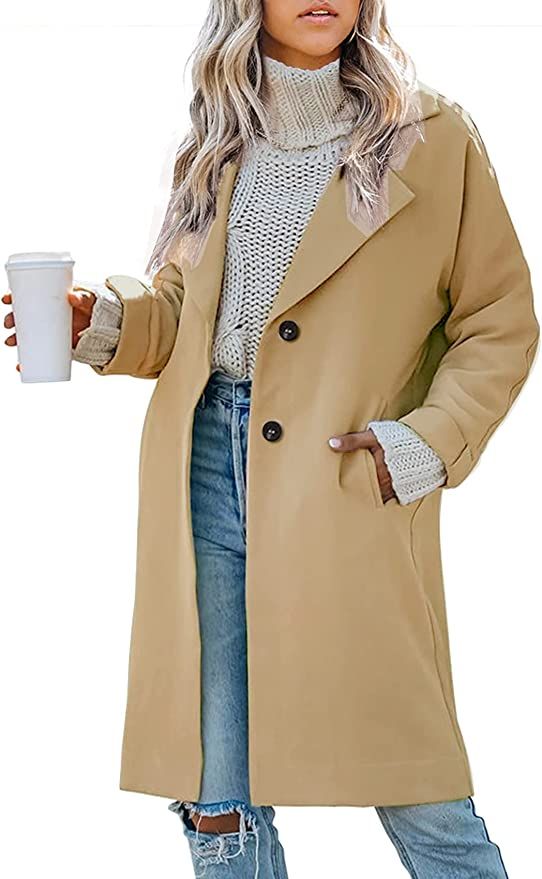 Womens Notched Lapel Coat Classic Single Breasted Pea Coat Winter Wool Blend Long Trench Overcoat... | Amazon (US)