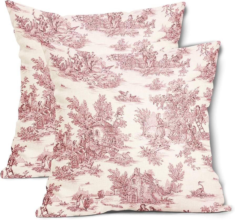 aportt French Country Pillow Covers Set of 2 22x22 Inch Vintage Toile Pink Beige Cotton Linen Pol... | Amazon (US)