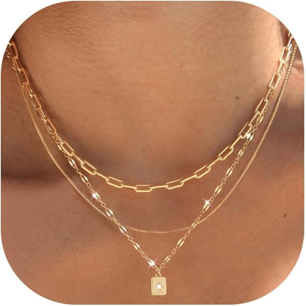 YEEZII Layered Gold Necklaces for Women Trendy, 3 Pcs 14K Gold Plated Choker Paperclip Box Chain ... | Amazon (US)