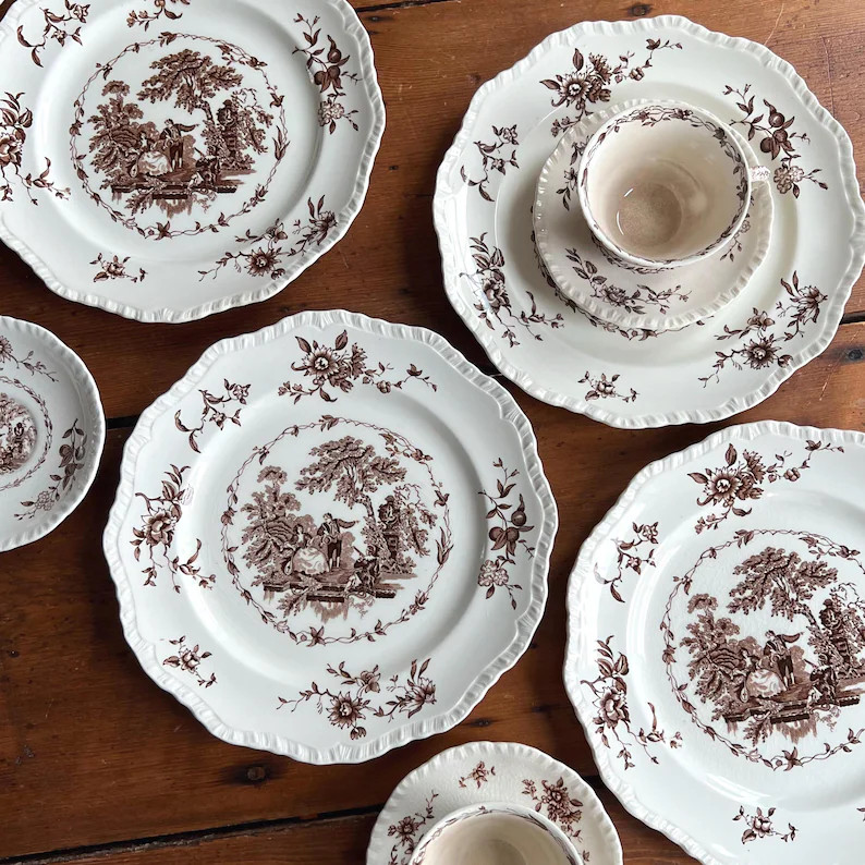 Vintage Toile Dishes Brown Transferware Fall Aesthetic Hosting Thanksgiving Decor Ideas Made in E... | Etsy (US)