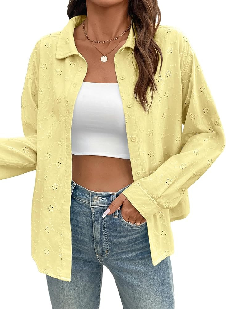 Dokotoo Womens Summer Tops Casual Button Down Long Sleeve Shirts for Women Loose Soft Cotton Holl... | Amazon (US)