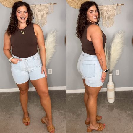 Midsize curvy friendly thick thigh shorts from Old Navy ☀️🌸✨
Shorts have 5” inseam! 
Wearing a size 14 - snug in thighs 
Bodysuit size L 
#midsizeoutfits #springoutfits #summerstyle #shorts #jeanshorts #denimshorts #curvyshorts #bodysuit #sandals #casualoutfits #everydaystyle

#LTKunder50 #LTKcurves #LTKSeasonal