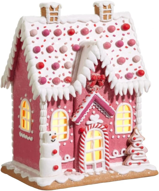 One Holiday Way 11.5-Inch Lighted Pastel Pink Gingerbread House Decor - Decorative Light Up Faux ... | Amazon (US)