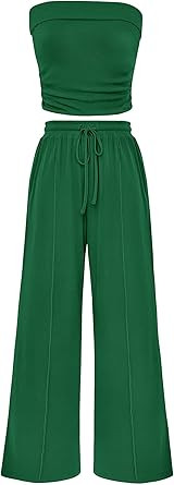 PRETTYGARDEN Womens Summer Outfits 2 Piece Sets Casual Ribbed Knit Crop Tube Top Wide Leg Pants S... | Amazon (US)