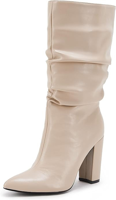 Womens Winter Slouchy High Heel Boots Mid Calf Suede Slip on Chunky Block Pointed Toe Boots | Amazon (US)