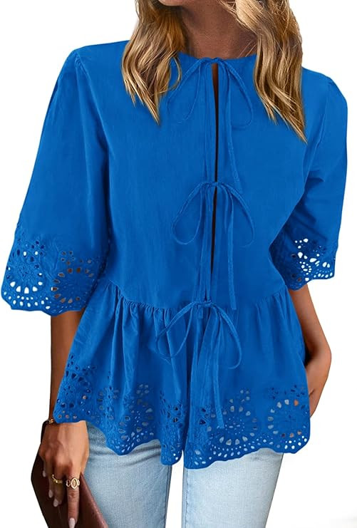PRETTYGARDEN Tie Front Peplum Tops for Women Summer Y2K Short Sleeve Babydoll Cute Going Out Top ... | Amazon (US)
