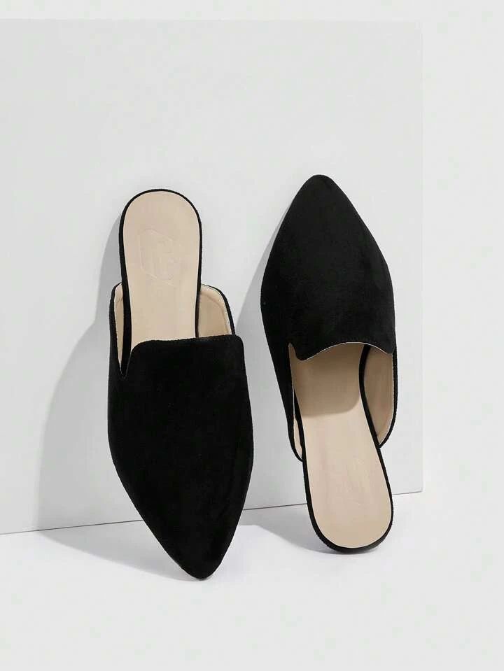 Everyday Collection Women Minimalist Point Toe Flats, Elegant Black Faux Suede Mules | SHEIN