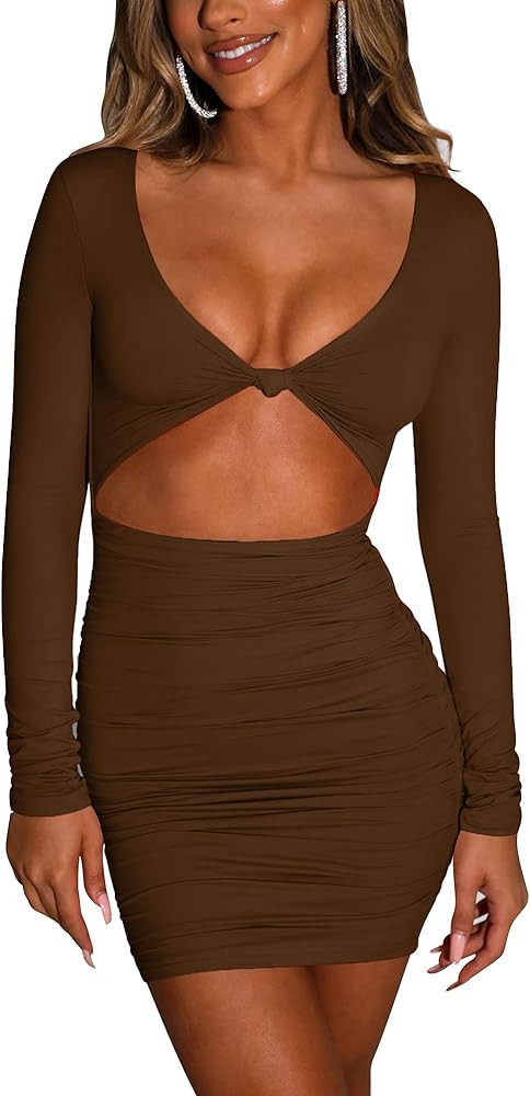 Kaximil Women's Sexy Bodycon Sleeveless Cut Out Ruched Tank Mini Club Party Dresses | Amazon (US)