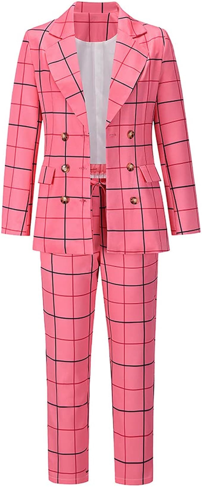 MODFUL Women's 2 Piece Plaid Suit Set Double-Breasted Lapel Blazer and Elastic Drawstring Pants | Amazon (US)