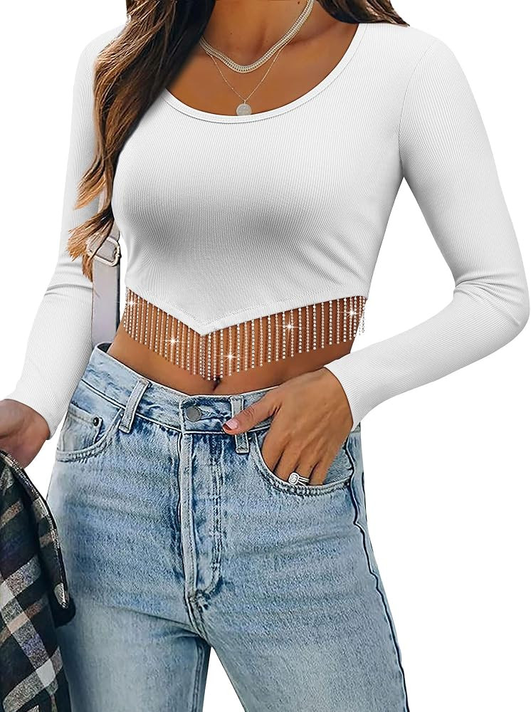 ZXZY Women Soft Ribbed Sparkly Rhinestone Fringe Long Sleeve Crop Top Cropped T Shirts | Amazon (US)