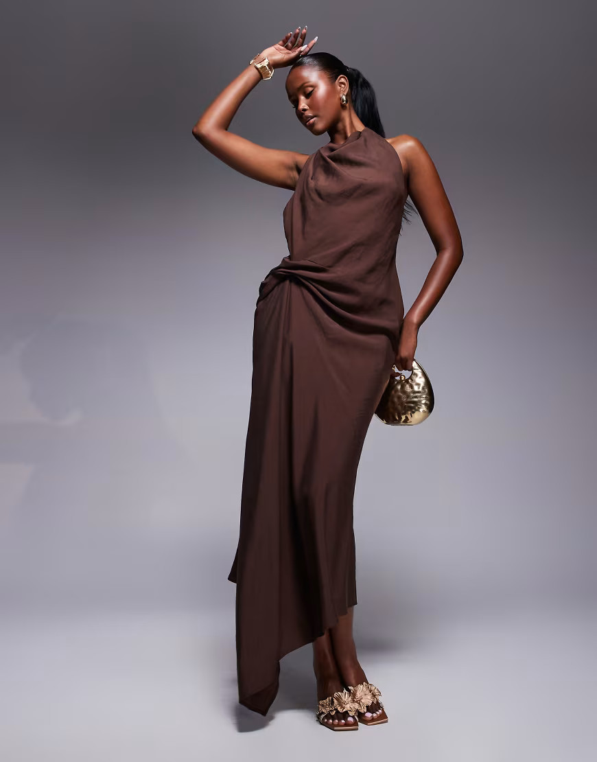 ASOS DESIGN tuck detail halter maxi dress in chocolate-Brown | ASOS (Global)
