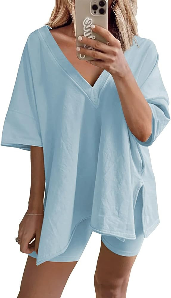 Huaqiao 2 Piece Outfits for Women Oversized T-Shirts Biker Short Sets Hot Shot Reversible Set | Amazon (US)