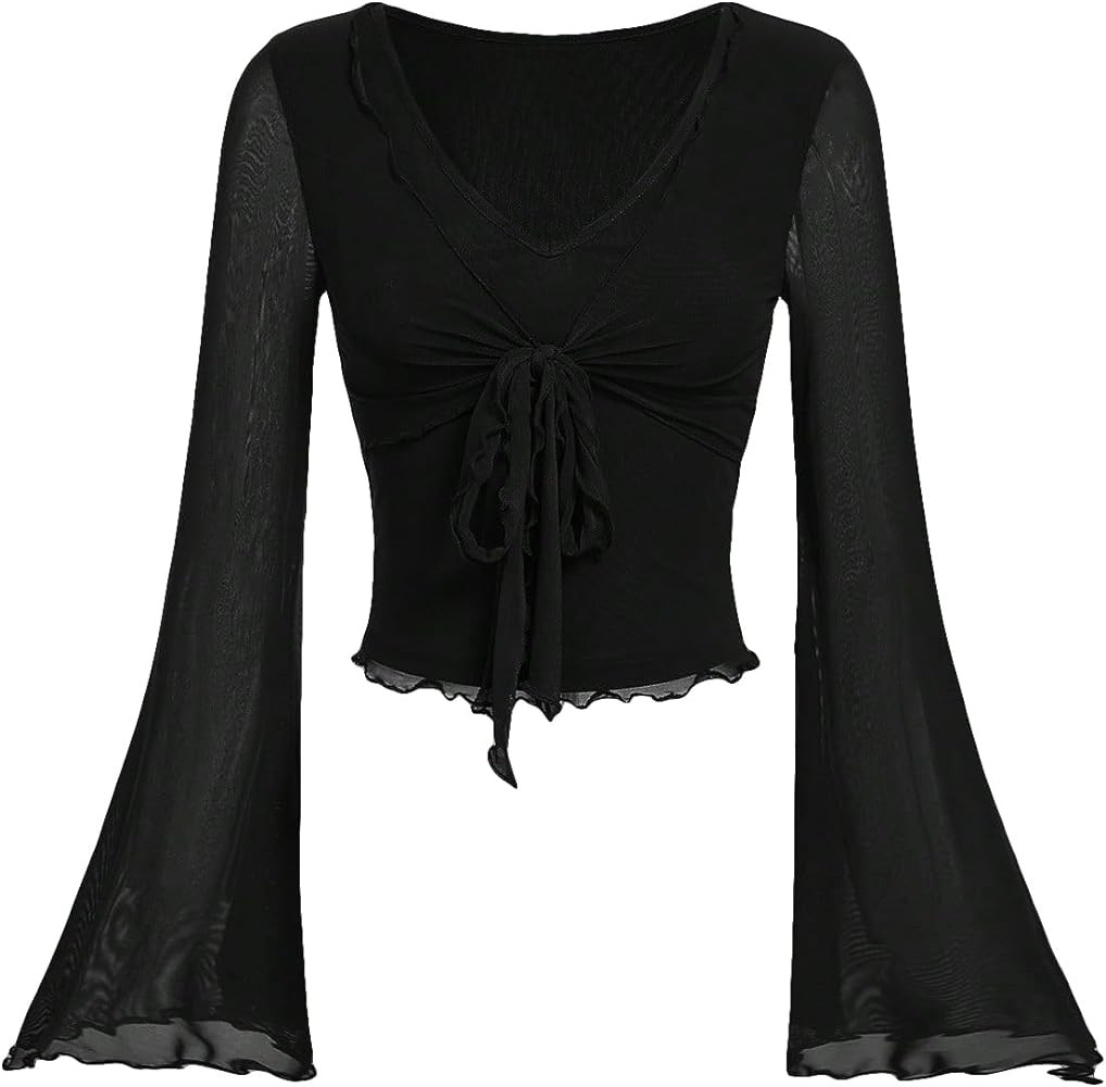 Verdusa Women's Knot Front Flare Bell Long Sleeve Lettuce Trim V Neck Mesh Crop Tee Top | Amazon (US)