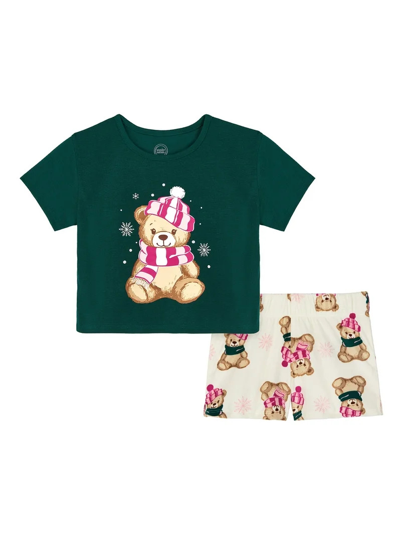 Wonder Nation Girls Short Sleeve Top and Shorts Pajama Set, 2-Piece, Sizes 4-18 & Plus | Walmart (US)