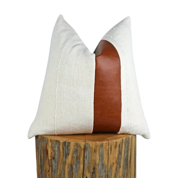 Mudcloth Pillow Cover w/Faux Leather Stripe, Authentic African Mud Cloth | 'HUNTER' | Etsy (US)