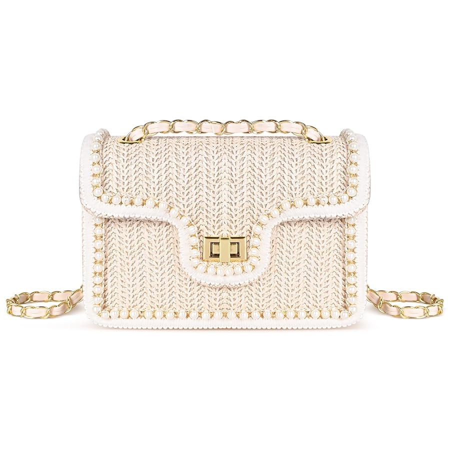 Straw Crossbody Bags for Women Summer Pearl Straw Clutch Purse Woven Shoulder Bag Vacation Handba... | Amazon (US)