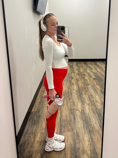Workout outfit
gym clothes
Red leggings
Bump friendly workout wear
Athleisure 
White workout top winter 
Wireless headphones gym
New balance sneakers 

#LTKshoecrush #LTKfindsunder50 #LTKfitness