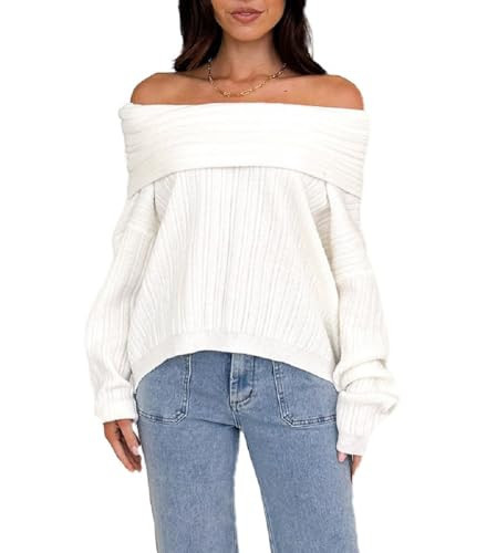 Women Off The Shoulder Sweater Oversized Pullover Sweater Tops Fall Trendy Loose Fit Jumper Knitwear (White, L) | Amazon (US)