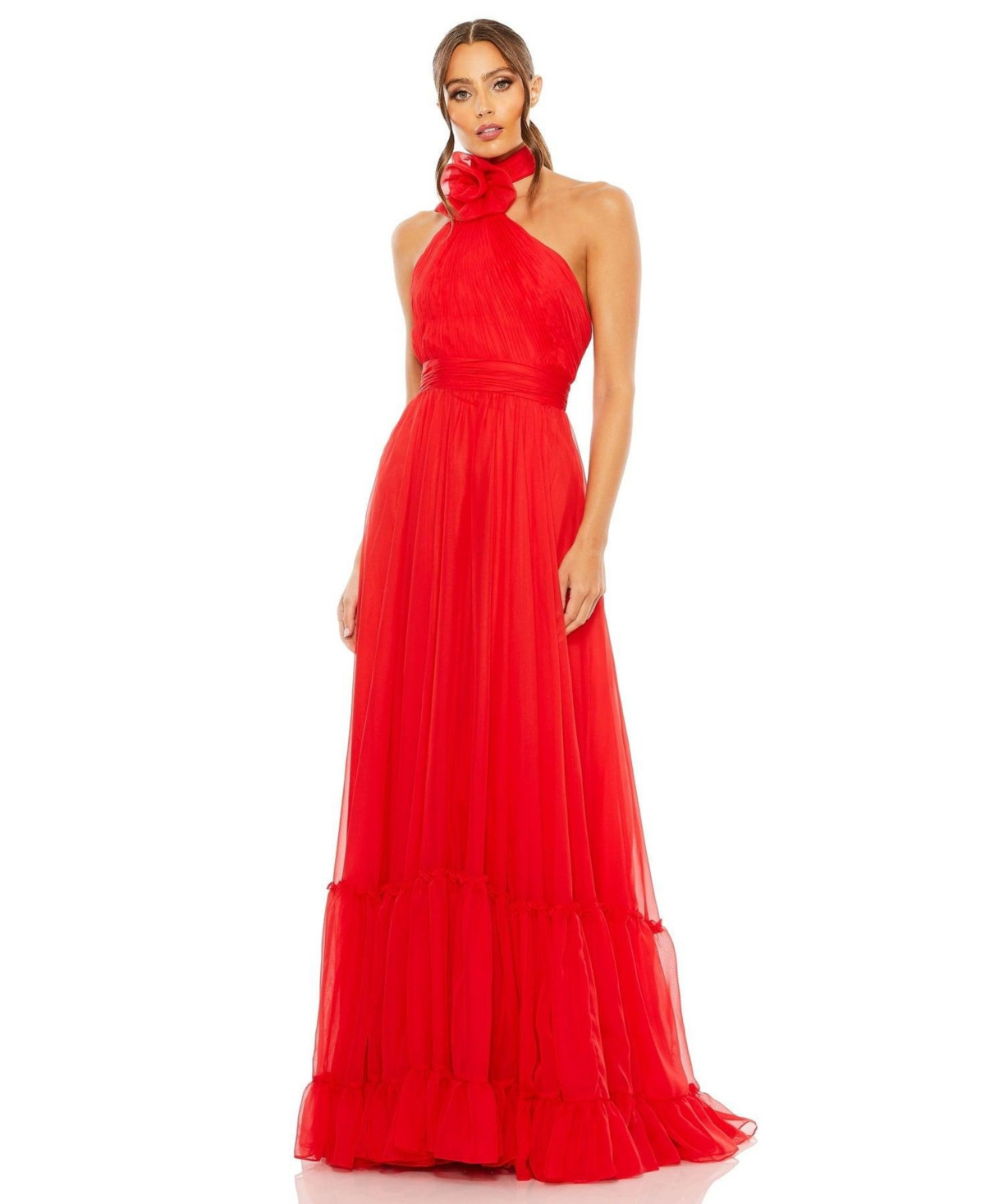 Mac Duggal Women's Asymmetrical Halter Neck Tiered A Line Gown - Red | Macy's
