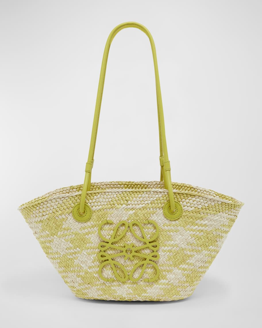 x Paula’s Ibiza Anagram Basket Shoulder Bag in Checkered Iraca Palm with Leather Handles | Neiman Marcus