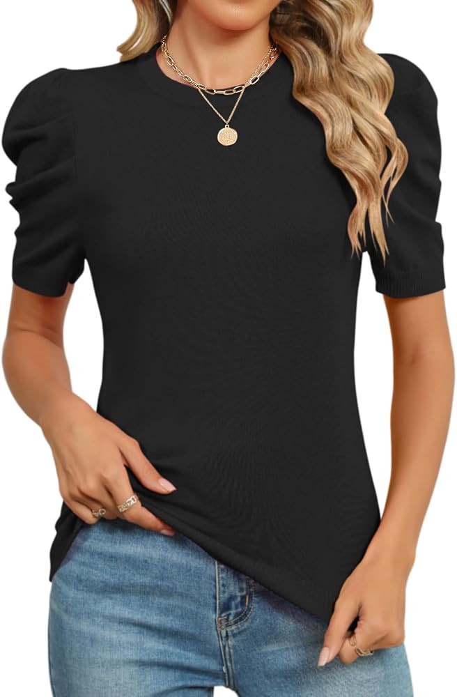 AKEWEI Puff Short Sleeve Sweater for Women Tops Trendy Spring Summer 2025 Business Casual Outfits... | Amazon (US)