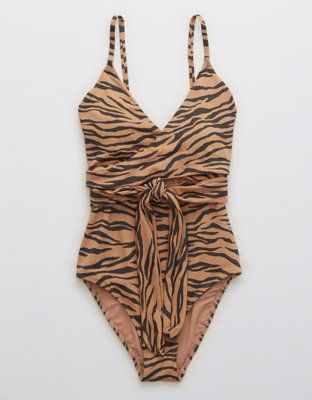 Aerie Pique Animal Print Wrap One Piece Swimsuit | American Eagle Outfitters (US & CA)