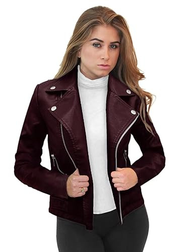 Olivia Miller Women's Faux Leather Moto Biker Jacket Long Sleeve Zip Jacket JK5208 BURGUNDY XL | Amazon (US)