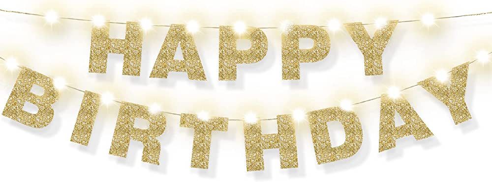 Happy Birthday Letters Banner Gold Happy Birthday Garland Decoration and 9.8 Feet Copper Wire Lig... | Amazon (US)