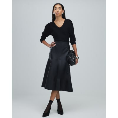 Black Leather A Line Midi Skirt | River Island UK & IE