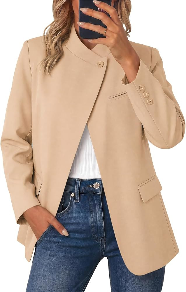 Cicy Bell Women Plaid Blazer Business Stand Collar Open Front Suit Jacket | Amazon (US)