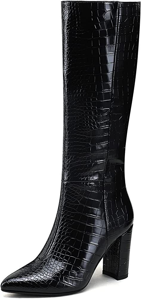 Knee High Boots for Women Chunky Heel Pointed Toe Long Tall Boots Fashion Faux Crocodile GoGo Boots  | Amazon (US)