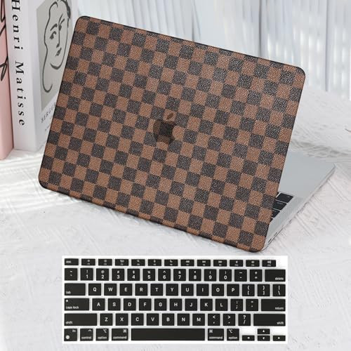 Checkered Case for MacBook Air 13 inch 2021 2020 2019 2018 M1 A2337 A2179 A1932, Classy Luxury Textured Checker Checkerboard Grid Pattern PU Leather Hardshell & Keyboard Cover, Warm Brown Checkered | Amazon (US)
