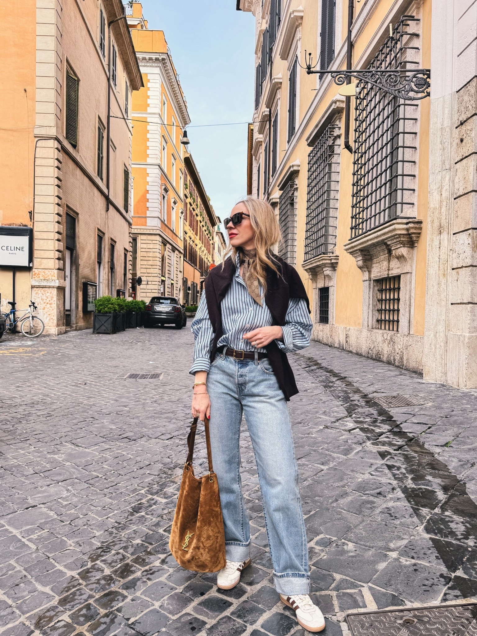Casual spring outfit, travel look, @Zara striped button down shirt, Levi’s 90’s baggy jeans, Adidas Samba sneakers, suede YSL bucket bag

#LTKSeasonal #LTKOver40 #LTKTravel