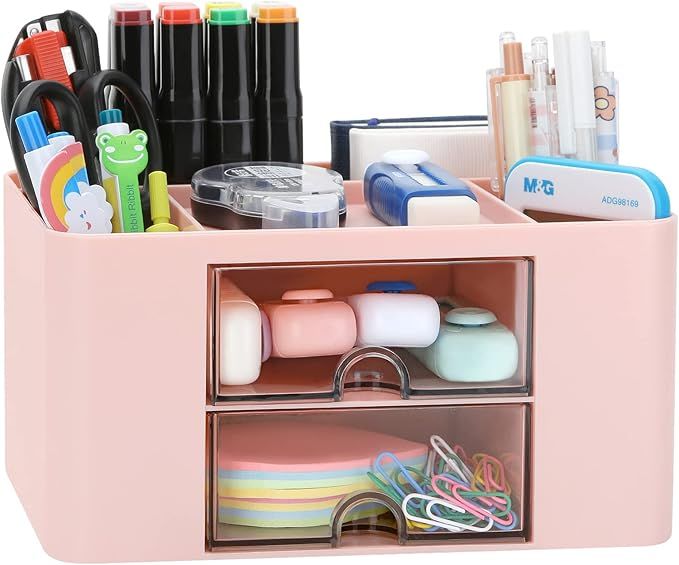 LETURE Desk Organizer with 2 Drawer, Plastic Desktop Pen Pencil Card Holder Storage Box for Desk,... | Amazon (US)