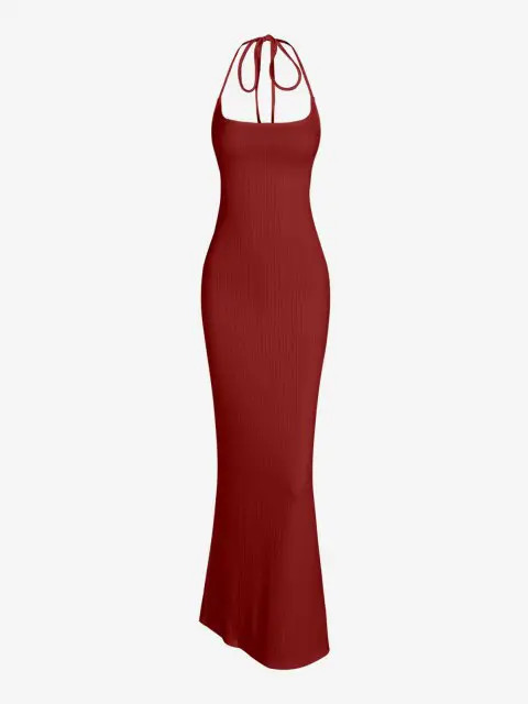 ribbed tie shoulder open back slinky cami vegas dress red s | ZAFUL (Global)
