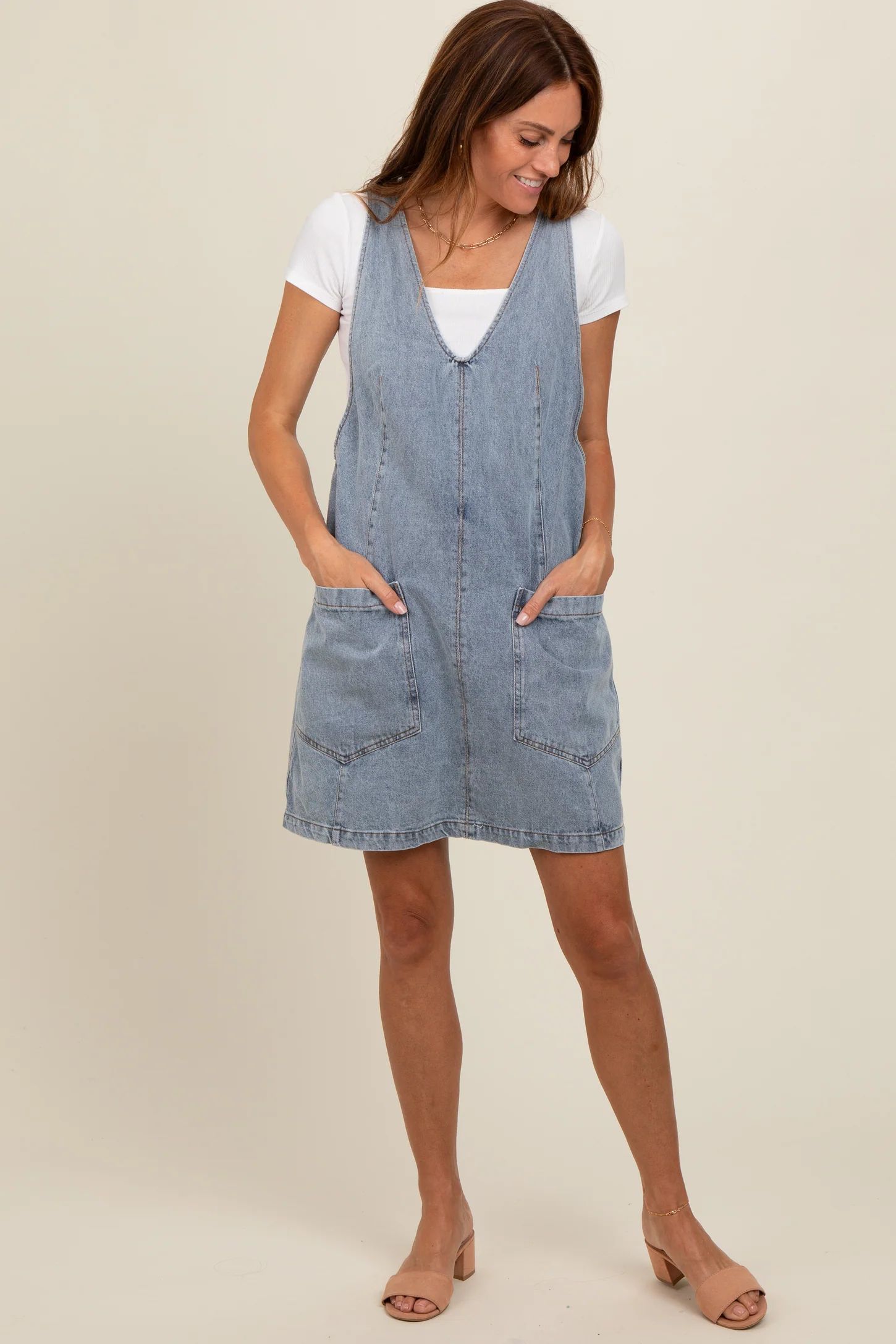 Light Blue Denim Front Pocket Skirt Overalls | PinkBlush Maternity