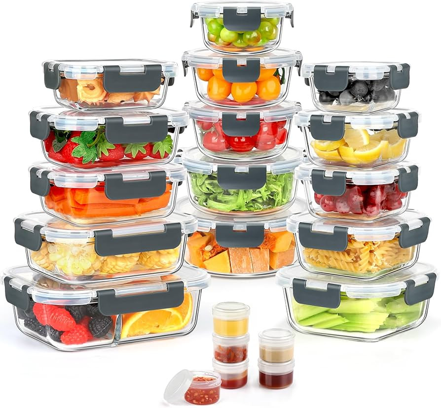 42pcs Glass Food Storage Containers with Lids Set, 21 Containers & 21 Lids Include One 2 Compartm... | Amazon (US)