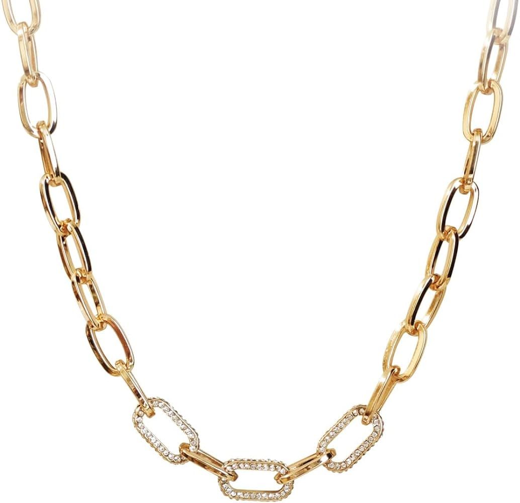 Chunky Gold Paperclip Link Chain Necklace with Cubic zirconia for Women, Dainty 18K Gold Plated w... | Amazon (US)