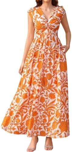 XinFSh Women's Summer Floral Wedding Guest Maxi Dress Flowy V Neck Twist Front Long Boho Beach Dr... | Amazon (US)