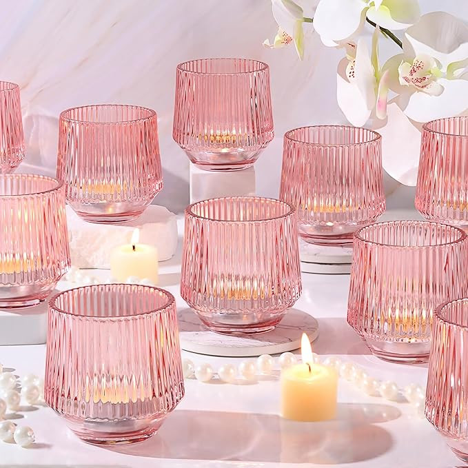 12 Pcs Large Pink Candle Holder- 3.15"×3.15" Ribbed Pink Vorive Candle Holders for Pink Bridal S... | Amazon (US)