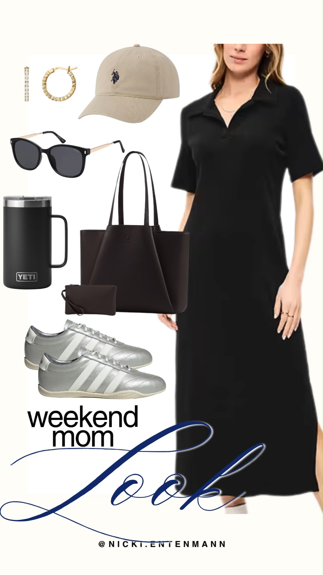 The perfect mix of polished and practical for your busy weekend ahead. This black polo midi dress is an absolute wardrobe staple. It is effortless on its own but easily elevated with a structured chocolate tote and a classic tan baseball cap. Finished with metallic silver sneakers for a modern edge, this look takes you from coffee runs to the sidelines in style.

#weekendstyle #momstyle #ootdinspo #casualchic #mididress #springfashion #everydaystyle #streetstyle #outfitideas #momsoftiktok 

 #LTKootd #LTKmomlife #LTKSaleAlert