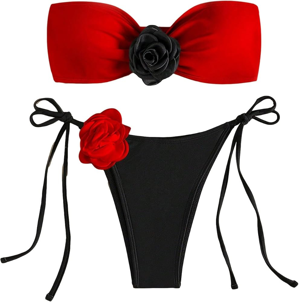 Verdusa Women's Floral Applique Bandeau Bikini Sets Two Piece Swimsuit Bathing Suits | Amazon (US)