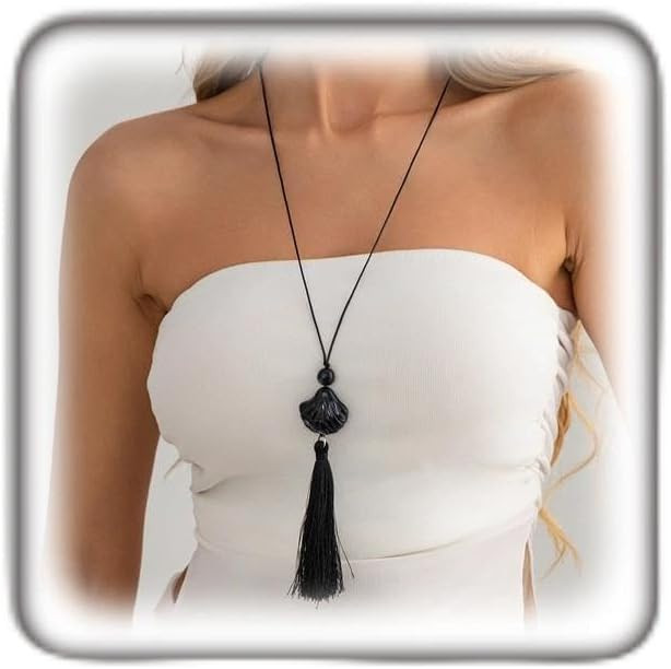 Black Long Resin Seashell Tassel Pendant Necklace for Women, Boho Adjustable Handmade Wax Cord Dr... | Amazon (US)