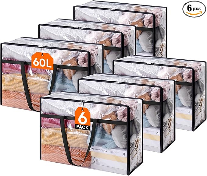 Lifewit 6 Pack Clear Clothes Storage Bags, 60L Plastic Blanket Storage Bag, Vinyl Foldable Moving... | Amazon (US)