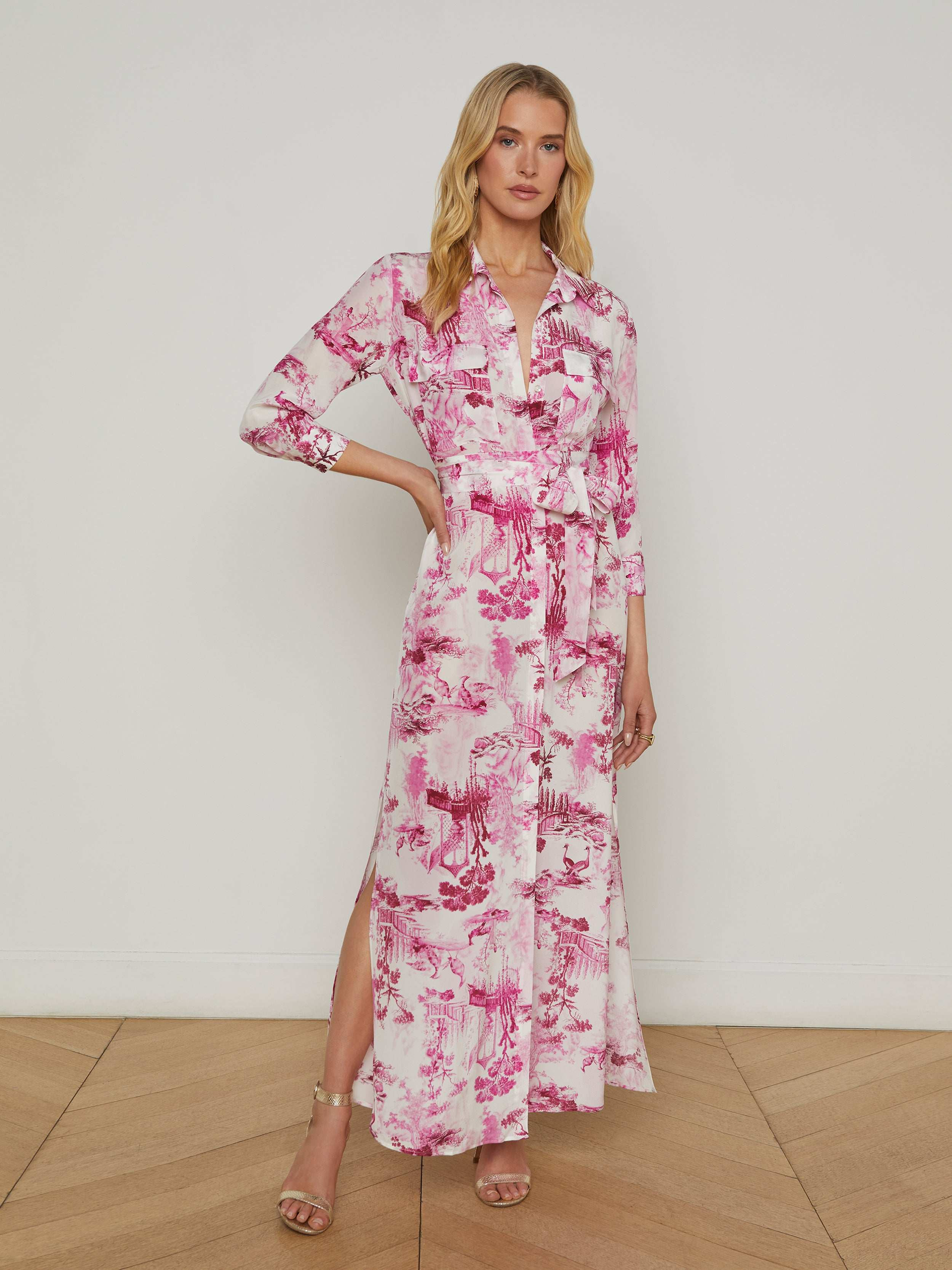 L'AGENCE - Cameron Silk Shirt Dress in White/Pink Large Porcelain Toile | L'Agence