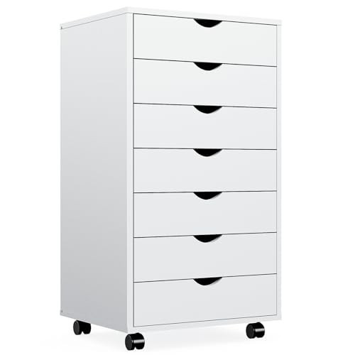 DUMOS 7 Drawer File Cabinet Wood Rolling Organizer Storage Chest with Wheels Mobile Printer Stand for Home Office, 15.75"D x 18.74"W x 34.25"H, White | Amazon (US)