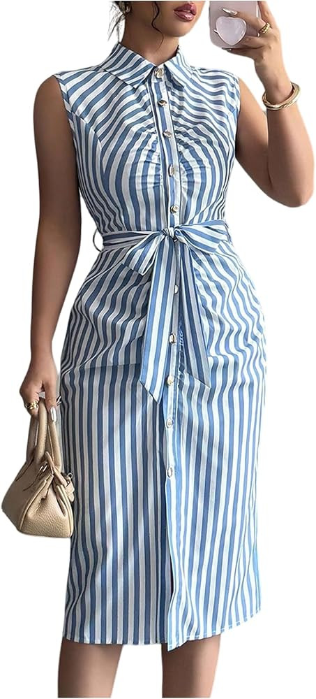 SOLY HUX Women's Striped Button Down Shirt Dress Sleeveless Belted Elegant Midi Dresses | Amazon (US)